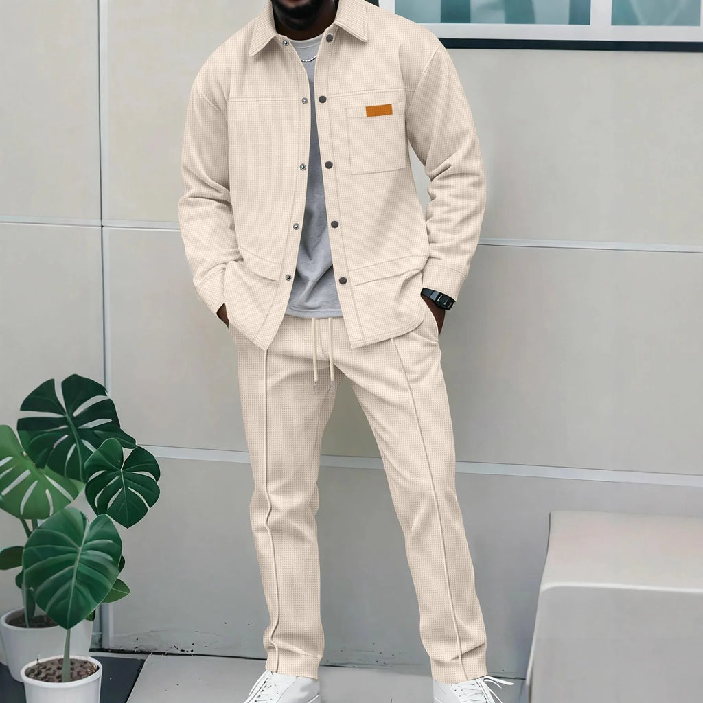 Men's Waffle Knit Button-Down Long Sleeve Jacket & Pants Set – Plain Color Casual Suit