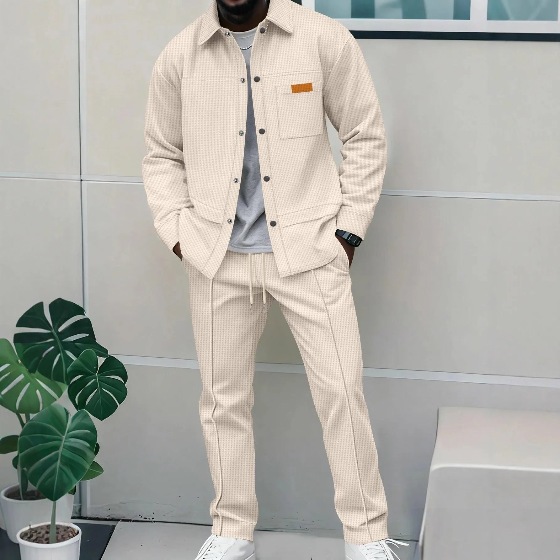 Men's Waffle Knit Button-Down Long Sleeve Jacket & Pants Set – Plain Color Casual Suit