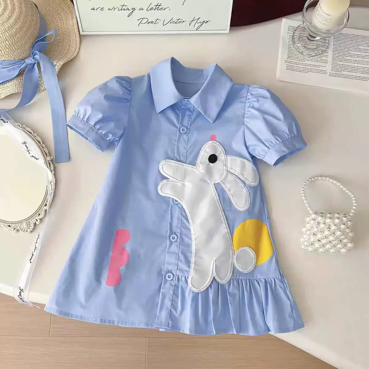 Rabbit Cartoon Shirt Dress for Girls — Short Sleeve Blue Casual Dress
