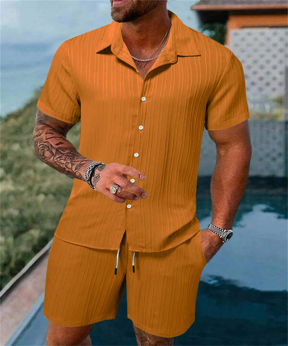Men's Solid Color Casual Beach Shirt & Shorts Set – Loose Short Sleeve Outdoor Sport Summer 2-Piece
