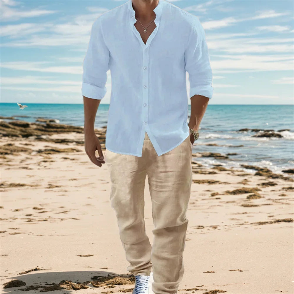 Men's Cotton Linen Long Sleeve Shirt & Pants Set – Lightweight Breathable Vacation Outfit