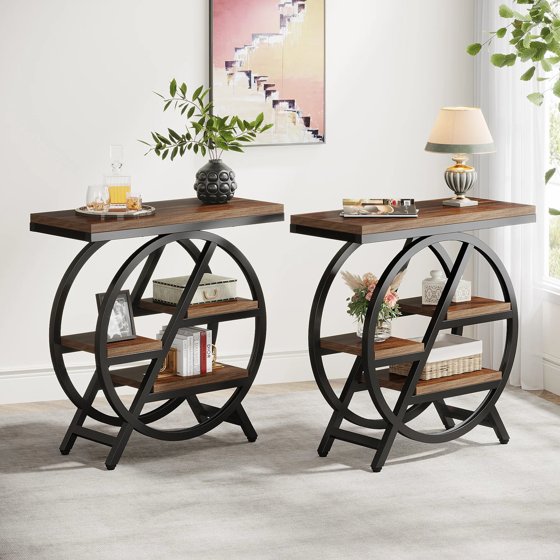 Tribesigns 3-Tier Narrow Side Table — Wood & Geometric Metal Frame