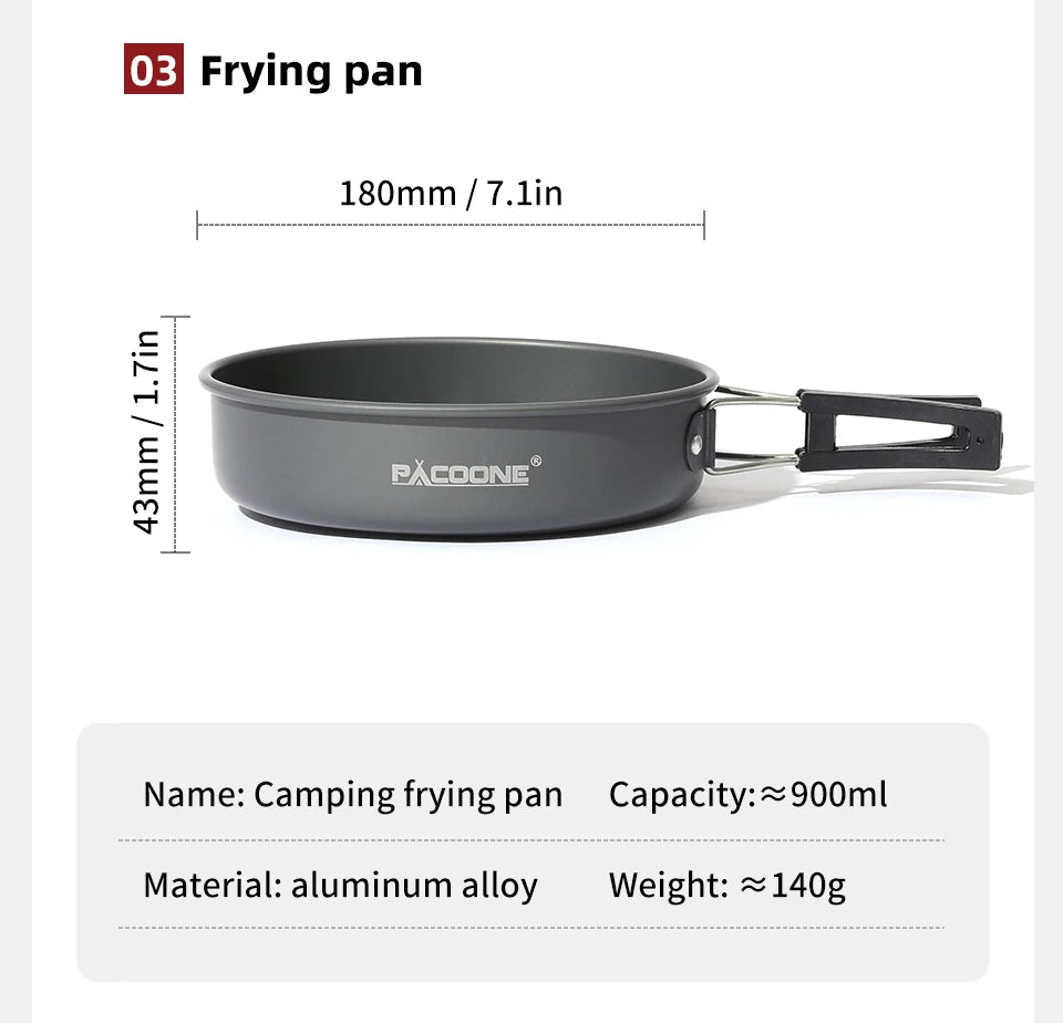 PACOONE Camping Cookware Set — Portable Outdoor Pot, Pan, Kettle & Tableware Kit