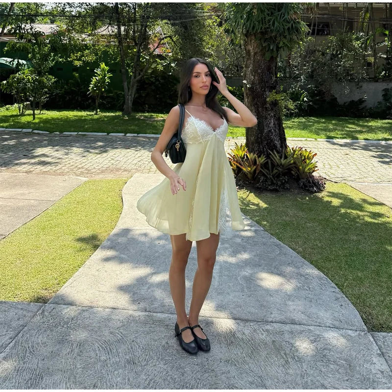 Butter Yellow Satin Bias Cut Lace Patchwork Midi Dress – V-Neck Backless Y2K Party Dress
