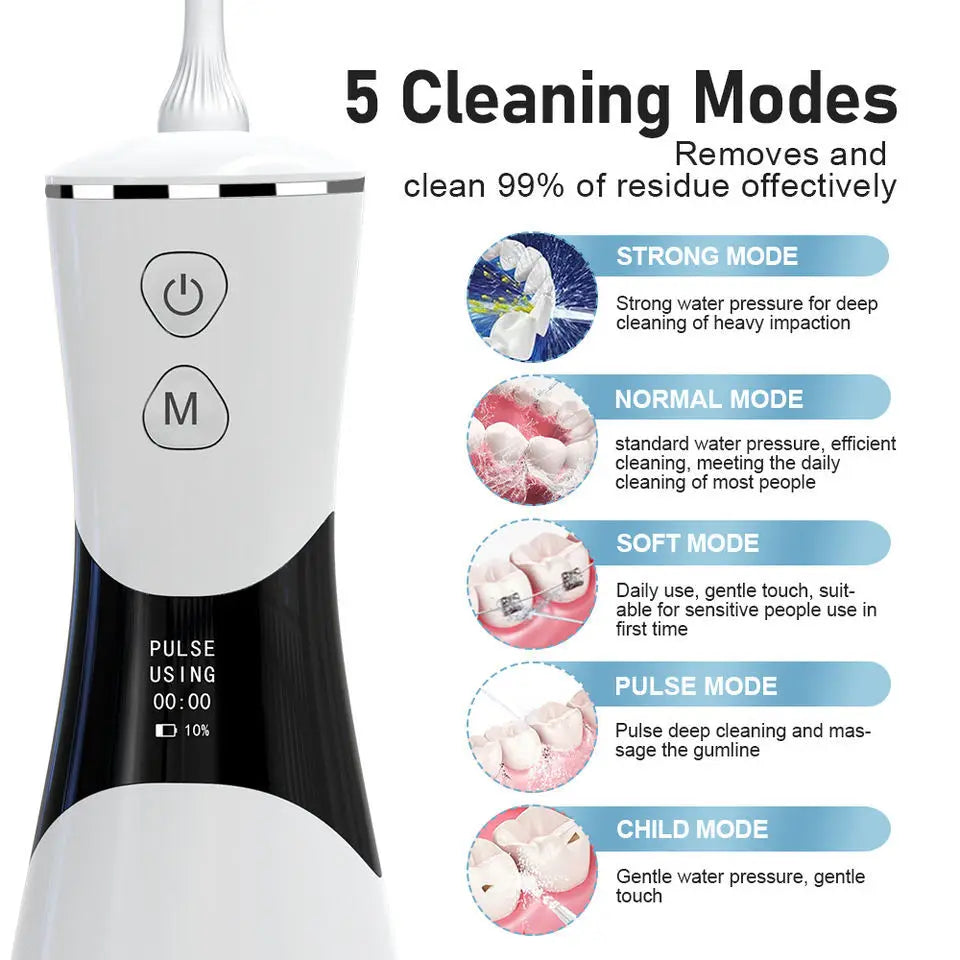 Portable Oral Irrigator – 350ml Tank, 5 Pressure Modes, IPX7, 1800mAh, 5 Nozzles, USB Rechargeable