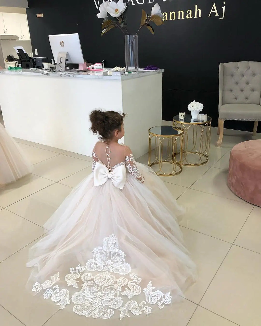Long Sleeve Flower Girl Dress — White Lace Tulle First Communion & Bridesmaid Dress