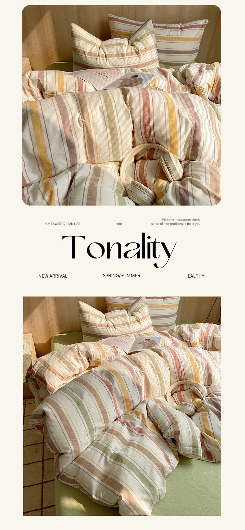 100% Cotton Stripe Bedding Set – Duvet Cover with Pillowcases, Twin to King