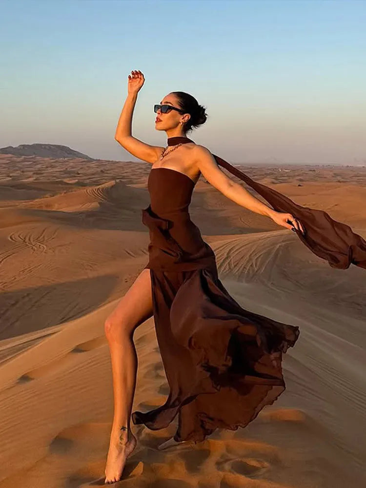 Pleated Off-Shoulder Maxi Dress — High Slit Scarf Slim Fit Evening Party Dress
