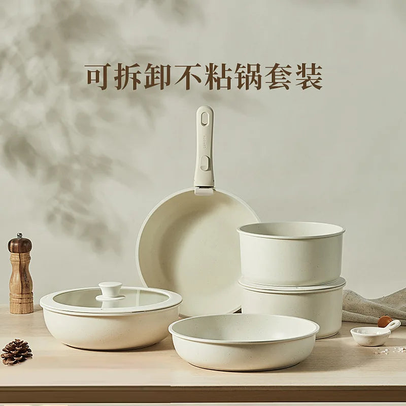 Nonstick Cookware Set – White, Detachable Handle