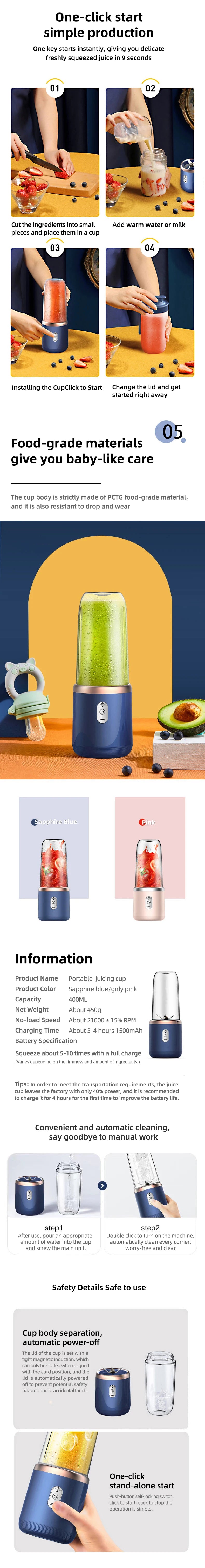 HOMEFISH 400ml Portable Electric Blender Bottle – 6-Blade USB Rechargeable Smoothie & Juice Blender, Ice Crush, CE/ROHS