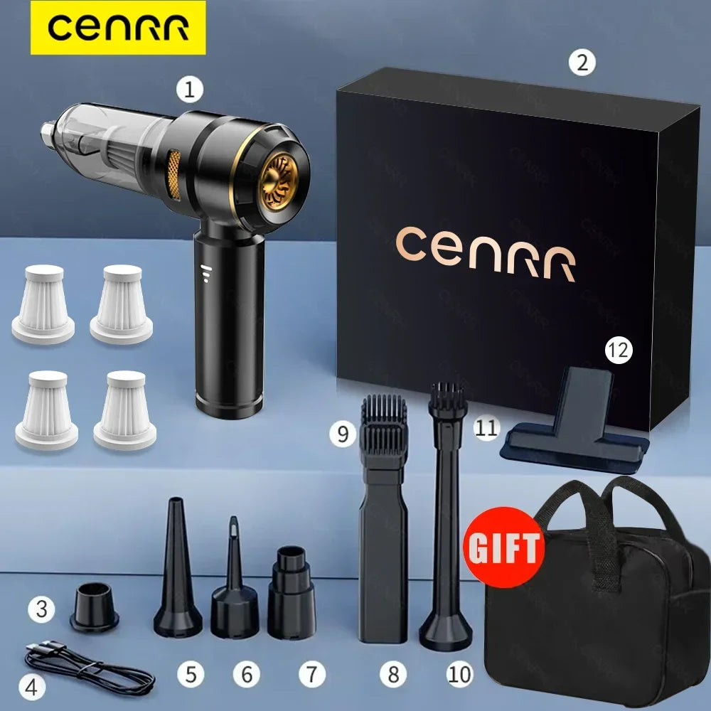 CENRR Wireless Car Vacuum Cleaner — 3-Gear Brushless Motor, 6000mAh, 9 Accessories, USB-C Charging