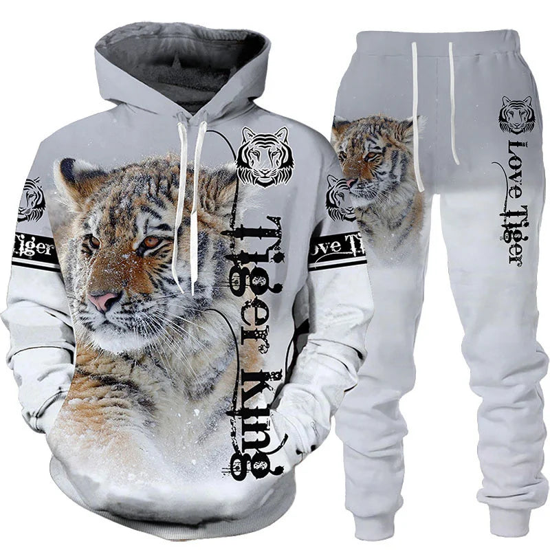 Men's 3D Tiger Print Hoodie & Pants Tracksuit Set – 2-Piece Sportswear