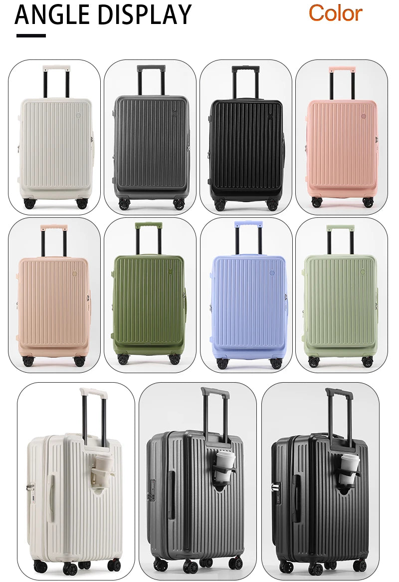 Expandable Front-Opening Suitcase – Cup Holder & Spinner Wheels