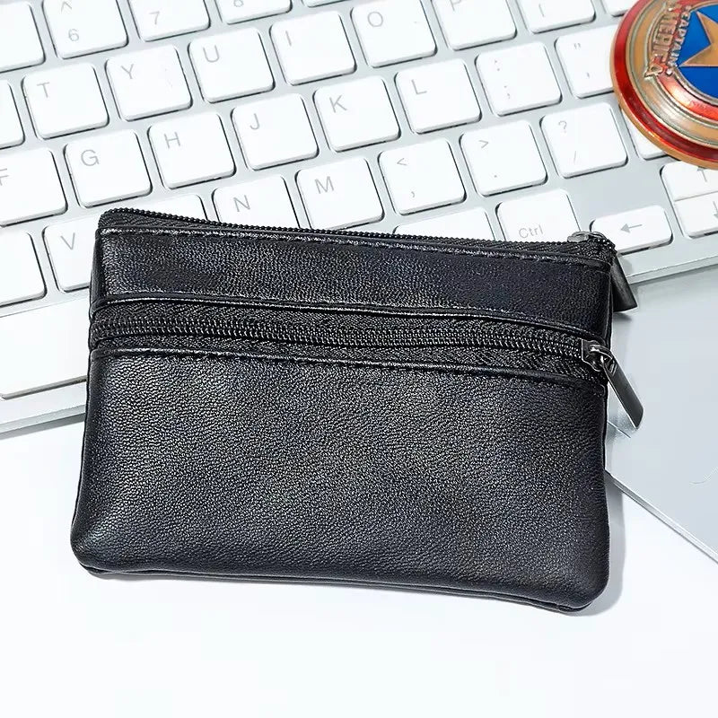 Black Leather Mini Coin Purse – Zipper Wallet & Key Card Holder for Men & Women