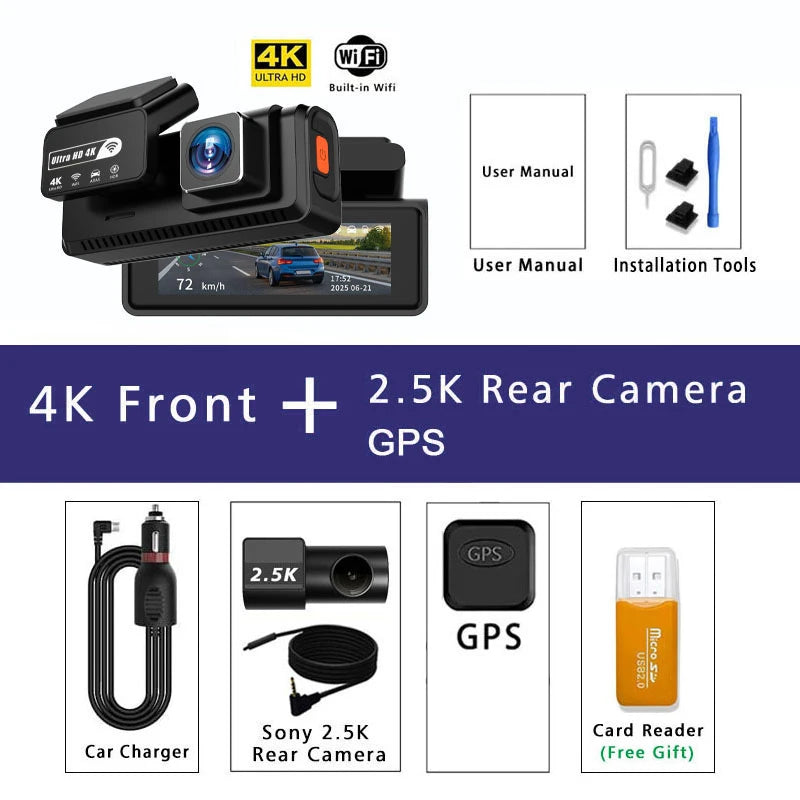 ADAS 4K+2.5K Dash Cam – GPS, WiFi, 24H Night Vision, Optional Rear Lens, Mini Car DVR