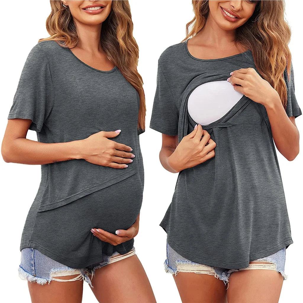 Women's Maternity Nursing Top – Short Sleeve Asymmetrical Flap Breastfeeding T-Shirt
