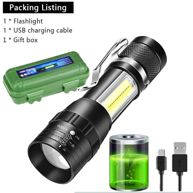 USB Rechargeable Mini Zoomable Flashlight – COB+XPE 3-Mode Camping & Emergency Torch