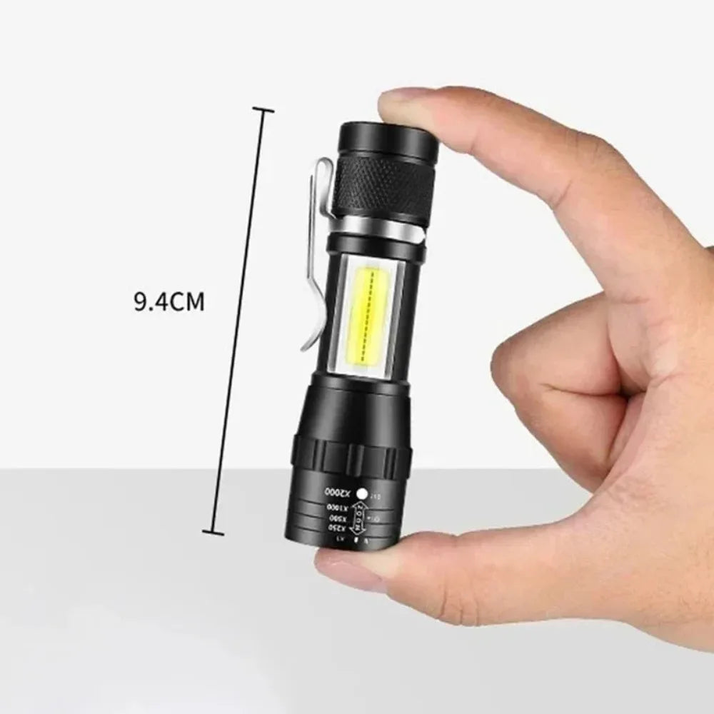 USB Rechargeable Mini COB+XPE Flashlight – Zoomable, 3-Mode, Pen Clip, 350 Lumen Camping Torch