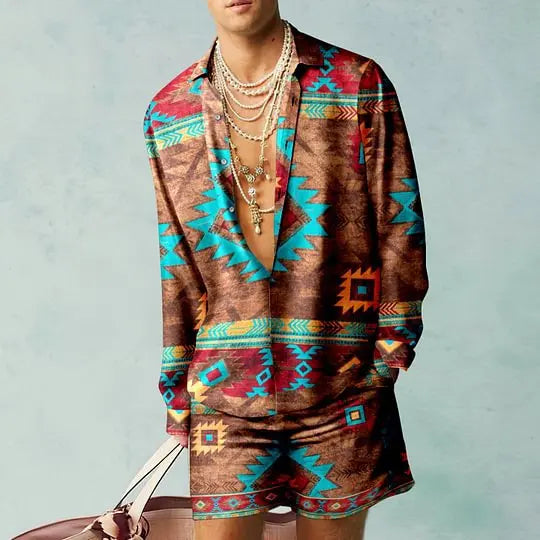 Men's Hawaiian Print Shirt & Drawstring Shorts Beach Vacation Set