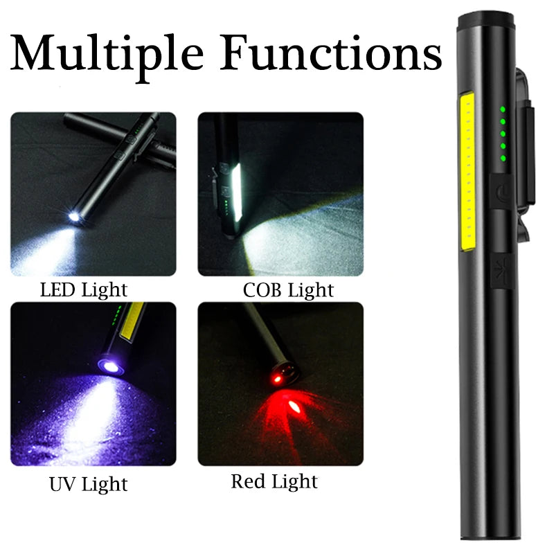 4-in-1 Rechargeable Pen Flashlight – UV, LED, COB & Red Laser with Magnetic Base for Work & EDC