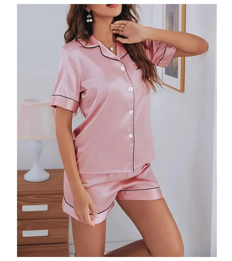 Women's Satin Button Down Pajama Set | 2-Piece Silk Sleepwear Top & Shorts