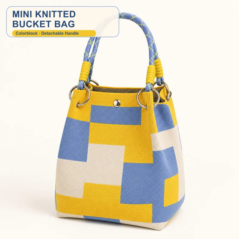 Mini Knitted Geometric Colorblock Bucket Bag – Detachable Handle Wristlet Purse for Women