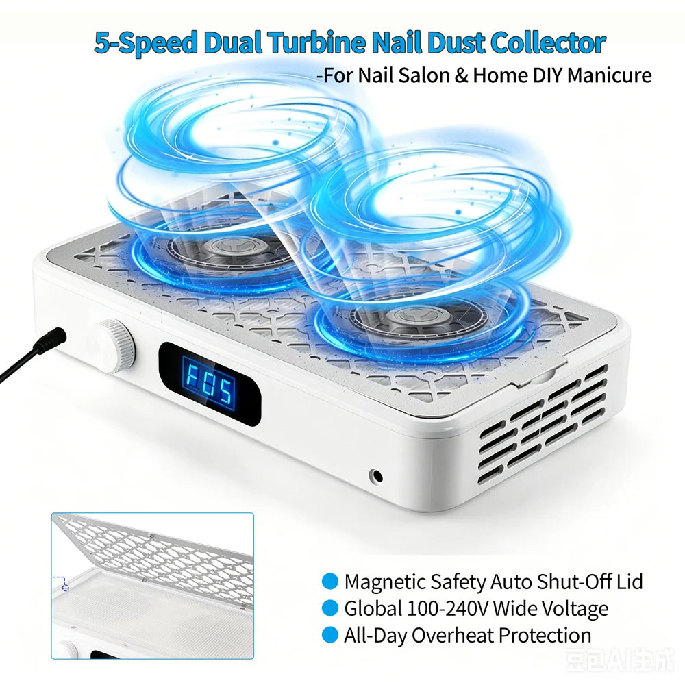 Professional Turbo Nail Dust Collector – Brushless Two-Fan Strong Suction Nail Vacuum Extractor