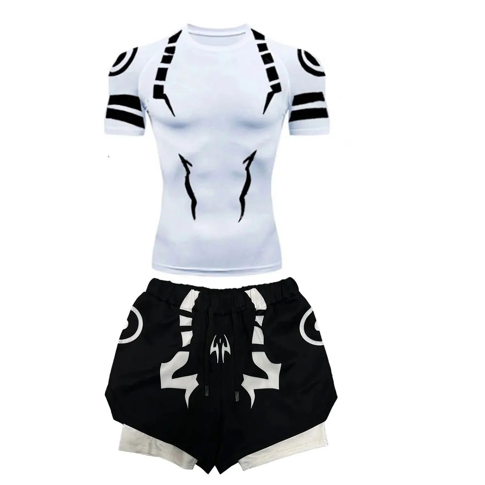Anime Jujutsu Kaisen 3D Compression Shirt & Gym Shorts – Quick Dry Running Workout Sportswear