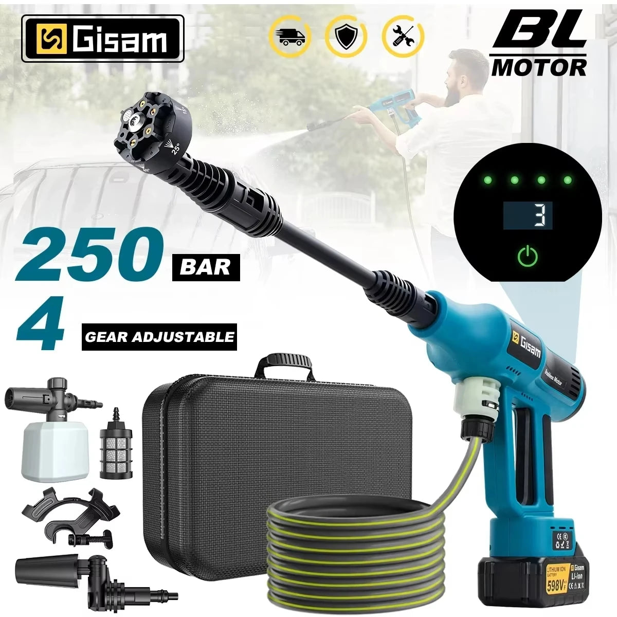 250 Bar Brushless Electric Pressure Washer Gun – 4-Speed Digital, 7L/min, Makita 18V Compatible, Foam Cannon Kit