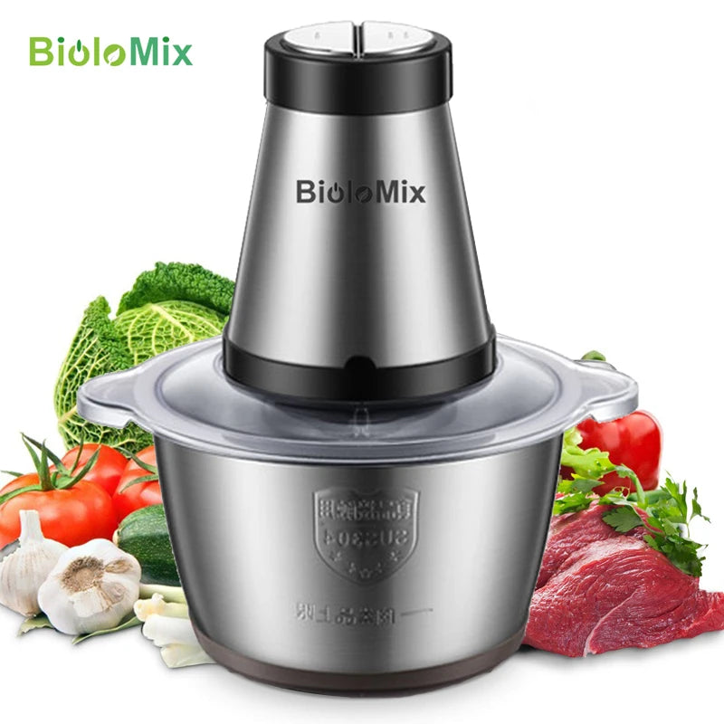 BioloMix 500W Electric Meat Grinder & Food Processor – 2L Stainless Steel, 2-Speed Chopper, Mincer & Slicer