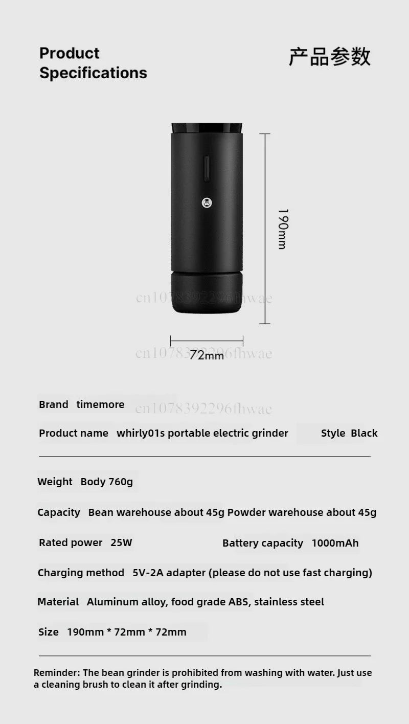 TIMEMORE Whirly 01s USB Portable Electric Coffee Grinder – Automatic Hand-Brewed Bean Grinder for Home & Travel