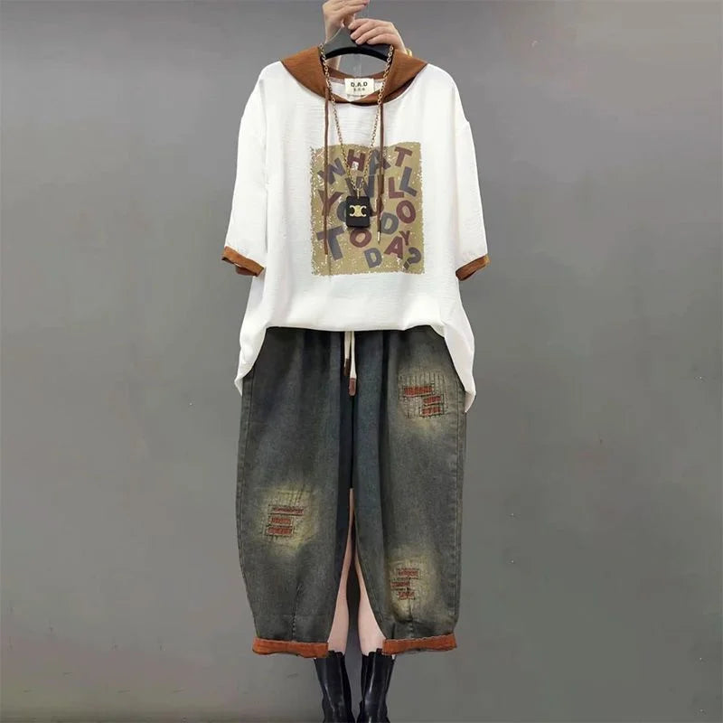 Women's Loose Plus Size Denim Jeans Two-Piece Set | Hooded Printed Casual Fashion Suit