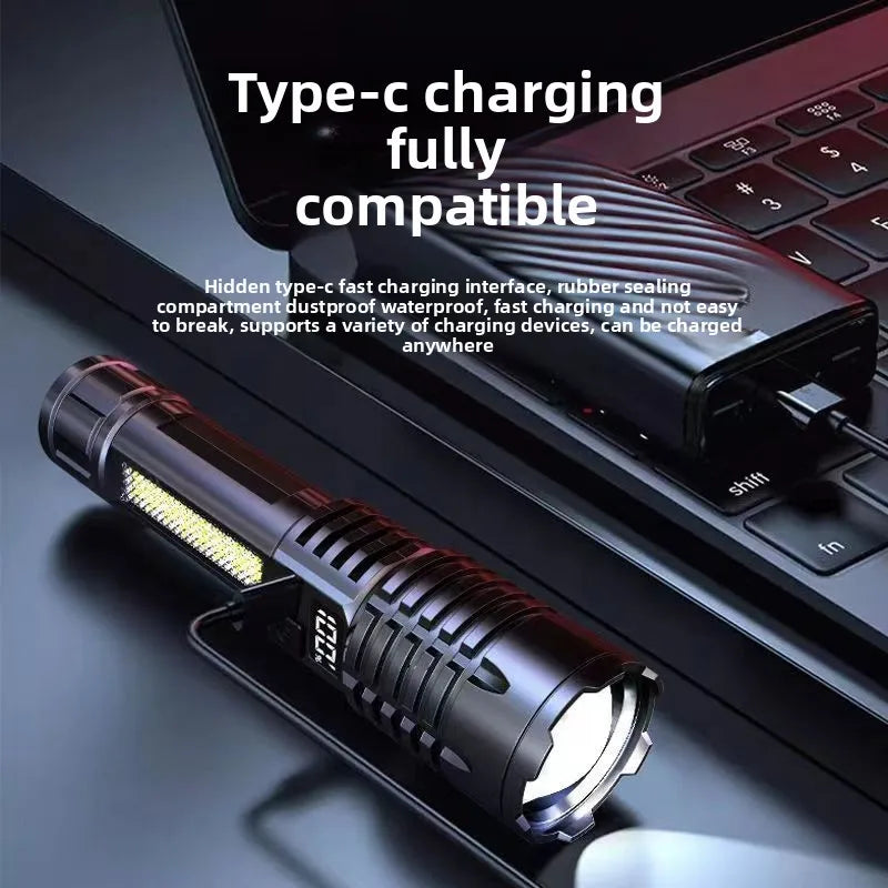 1000 Lumen LED Flashlight with COB Side Lamp – Type-C Rechargeable, 7 Modes, IPX5 Waterproof