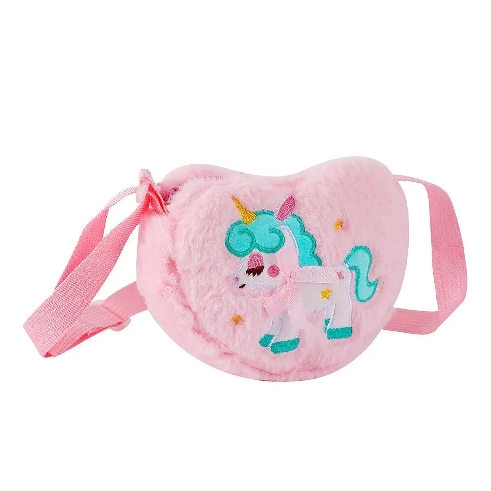 Cute Unicorn Plush Crossbody Bag for Kids — Heart Zipper Shoulder Bag Coin Purse Kids Gift