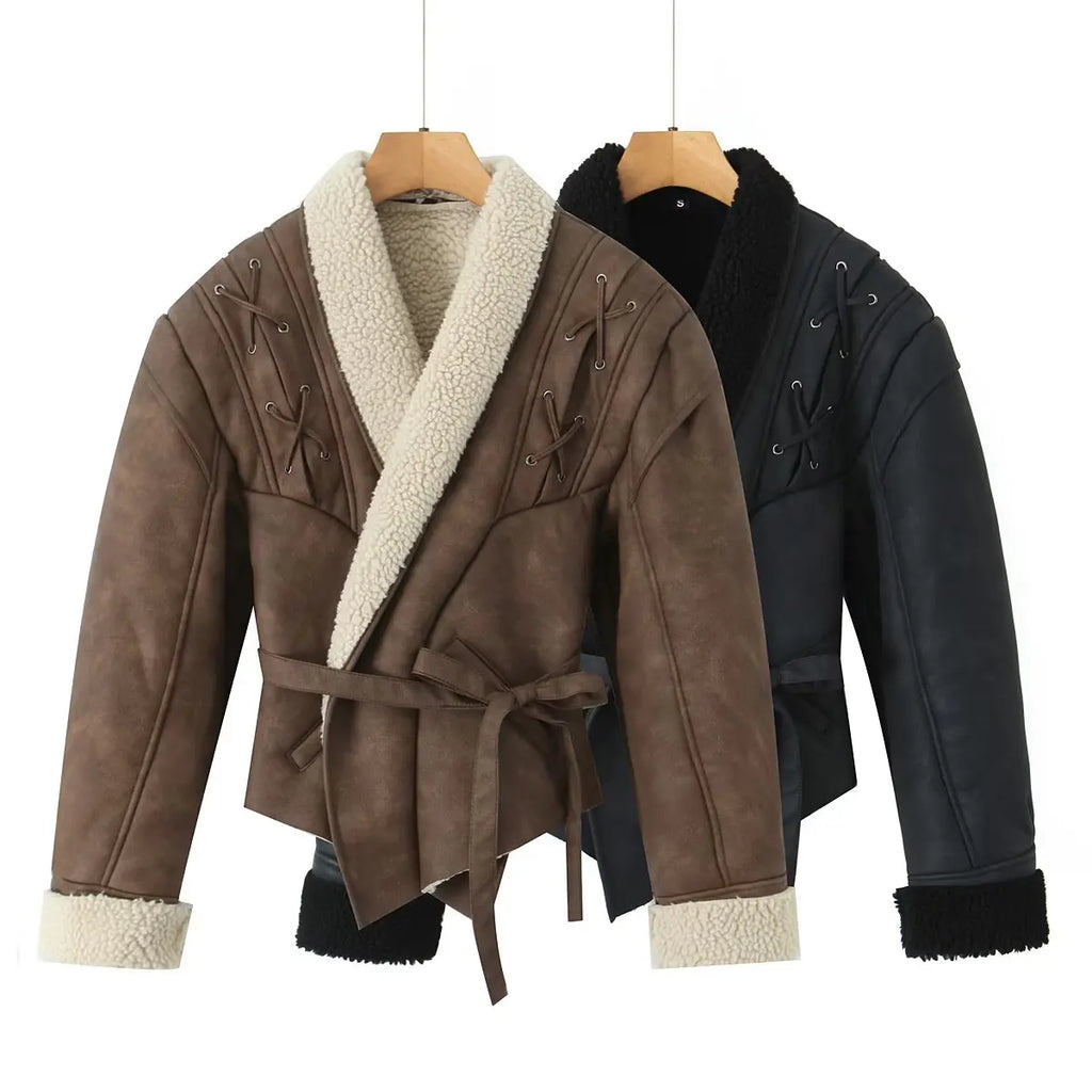 Leather Jackets Women's With Belt Fur Coat Streetwear Fashion Solid Outwear Woman Elegant Jackets Chaqueta De Cuero Para Mujer