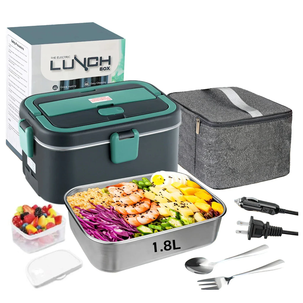 Electric lunch box with food, accessories, and packaging on a white background