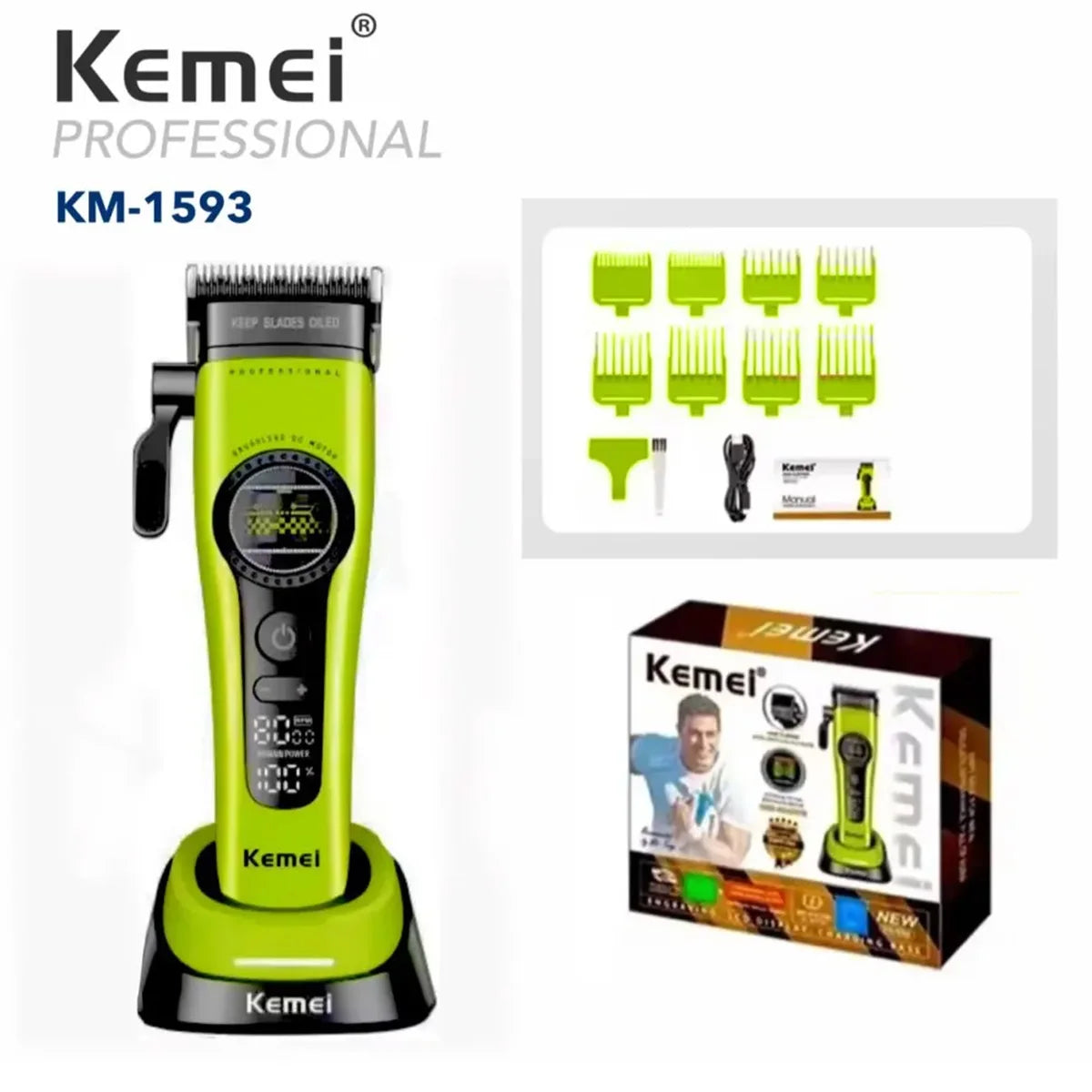 Kemei KM-1593 / KM-1595 Professional Brushless Clipper – 5-Speed, DLC Blade, 200-Min, USB-C