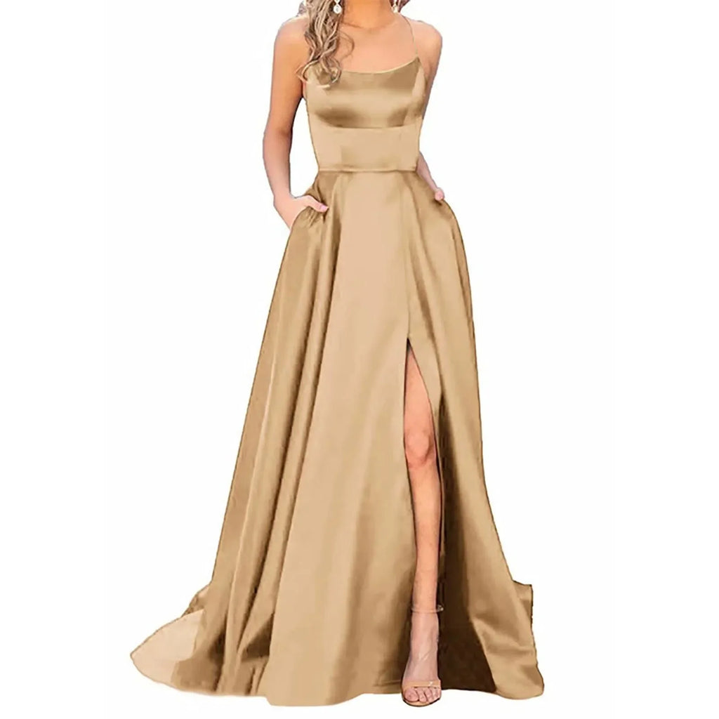 Backless Floor-Length Evening Dress — Spaghetti Strap A-Line Prom Gown with Pockets & Corset Back