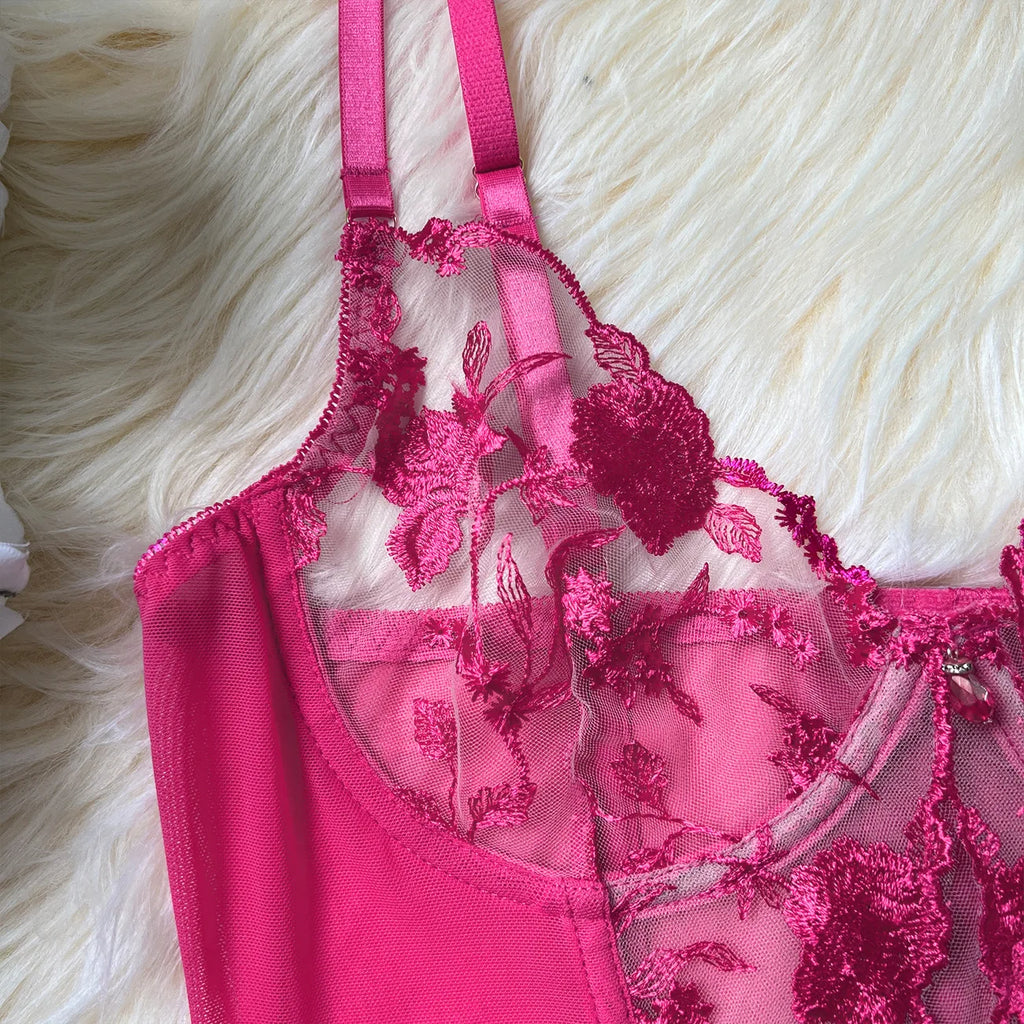 Sheer Embroidery Bra & Brief Set — Transparent Lace Underwear Suit
