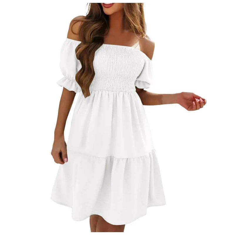 Off Shoulder Puff Sleeve Short Dress — Sexy Fashion Summer Mini Dress