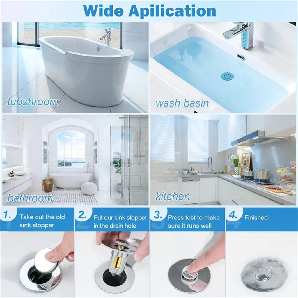 No More Clogged Drains — Pop-Up Chrome Sink Drain Stopper | Universal Rebound Filter with Hair Catcher, Easy Push Type