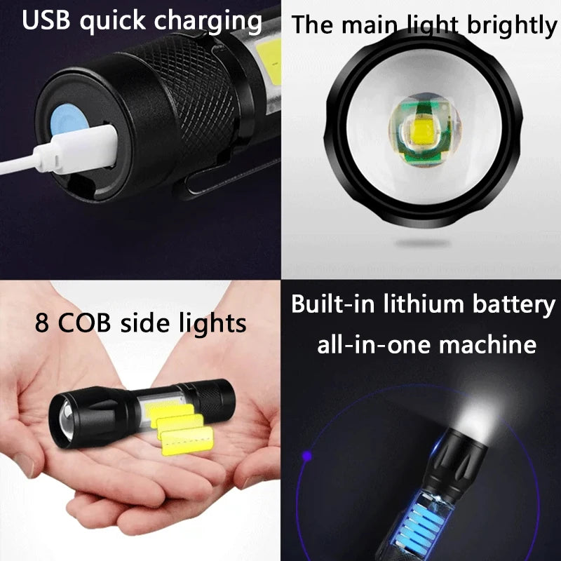 Mini COB+XPE LED Flashlight – USB Rechargeable, Zoomable, 3 Modes with Pocket Clip for Camping & EDC
