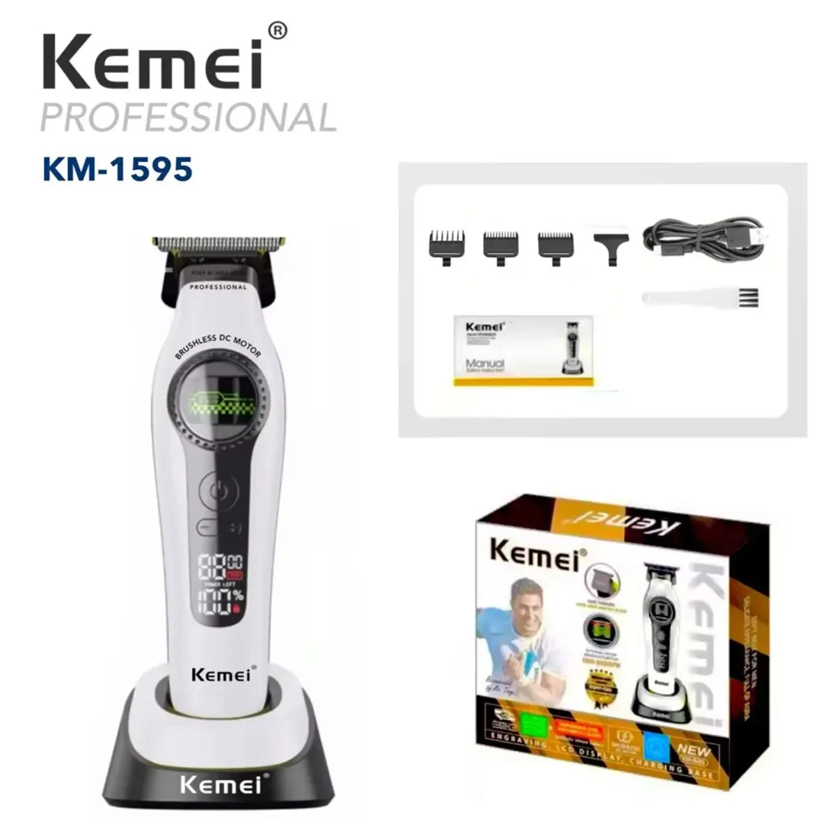 Kemei KM-1593 / KM-1595 Professional Brushless Clipper – 5-Speed, DLC Blade, 200-Min, USB-C