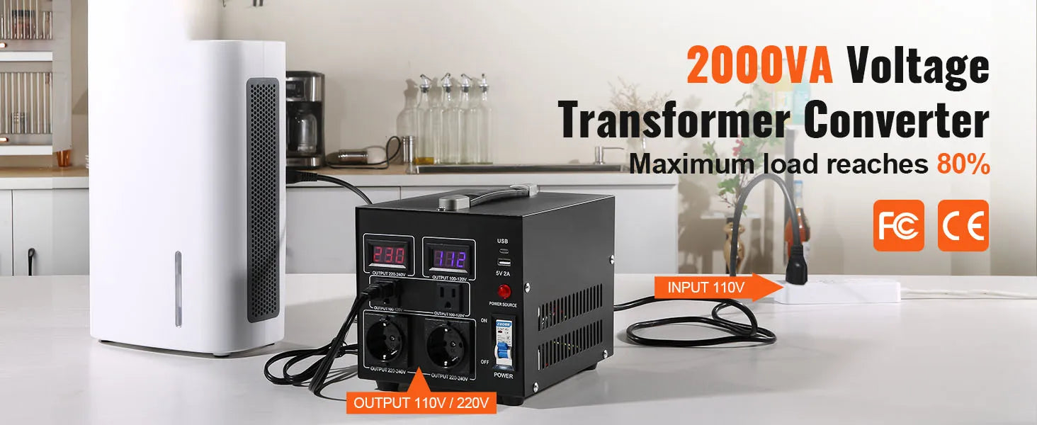 Heavy Duty Voltage Converter Transformer — 2000VA/3000VA/5000VA Step Up/Down, US & EU Outlets