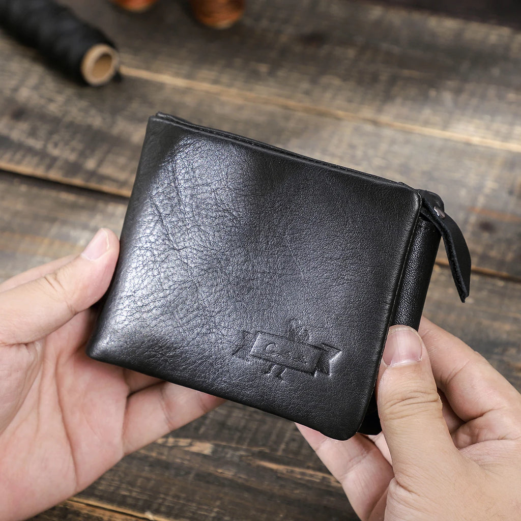 Genuine Cowhide Leather Men's Trifold Wallet – Vintage Crazy Horse Leather Zip Coin Pocket Purse