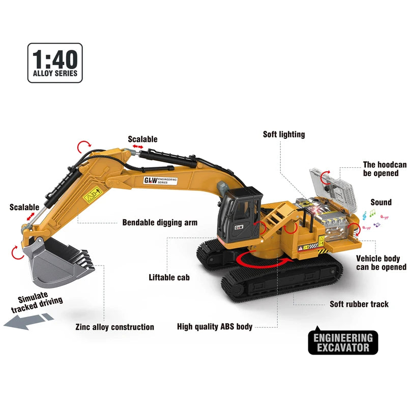 Alloy Die-Cast Excavator Toy with Sound, Light & Pull-Back – Construction Vehicle for Kids