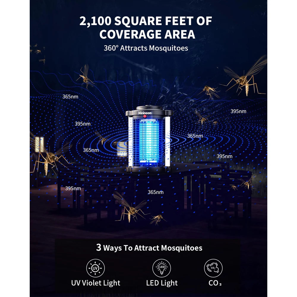Minimoon Outdoor Bug Zapper — 15W UV, 4200V Grid, Dual LED Light, IPX4 Waterproof, 2100 Sq.Ft Coverage