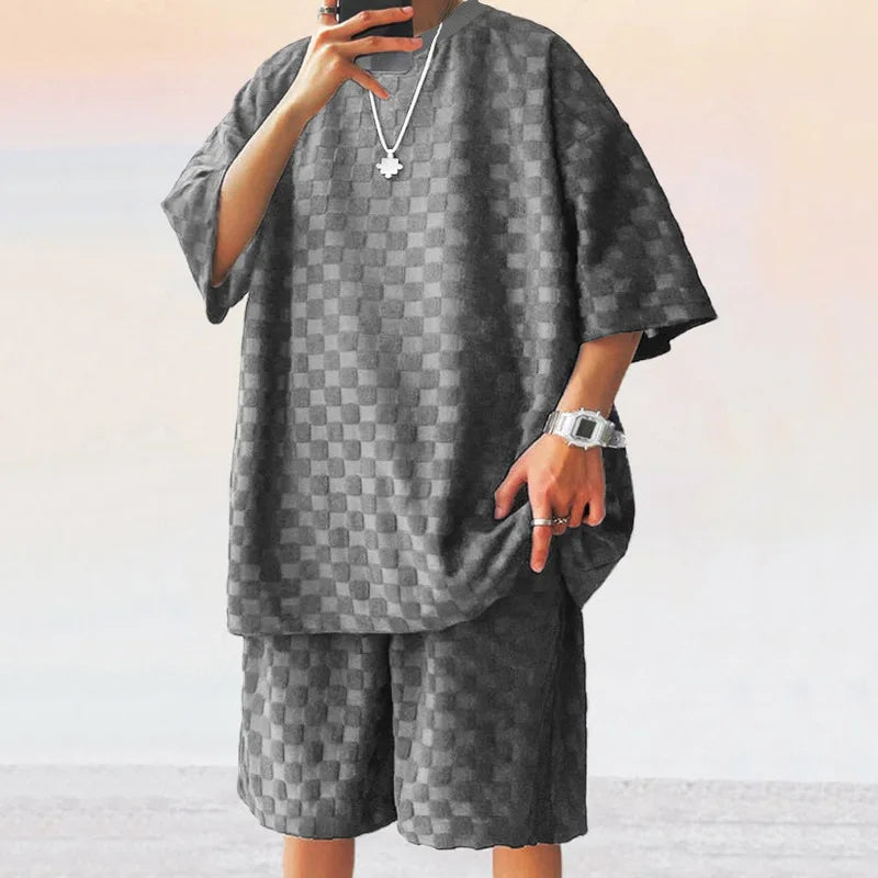 Men's Oversized Chessboard Plaid Shirt & Shorts Set – Loose Summer Leisure 2-Piece