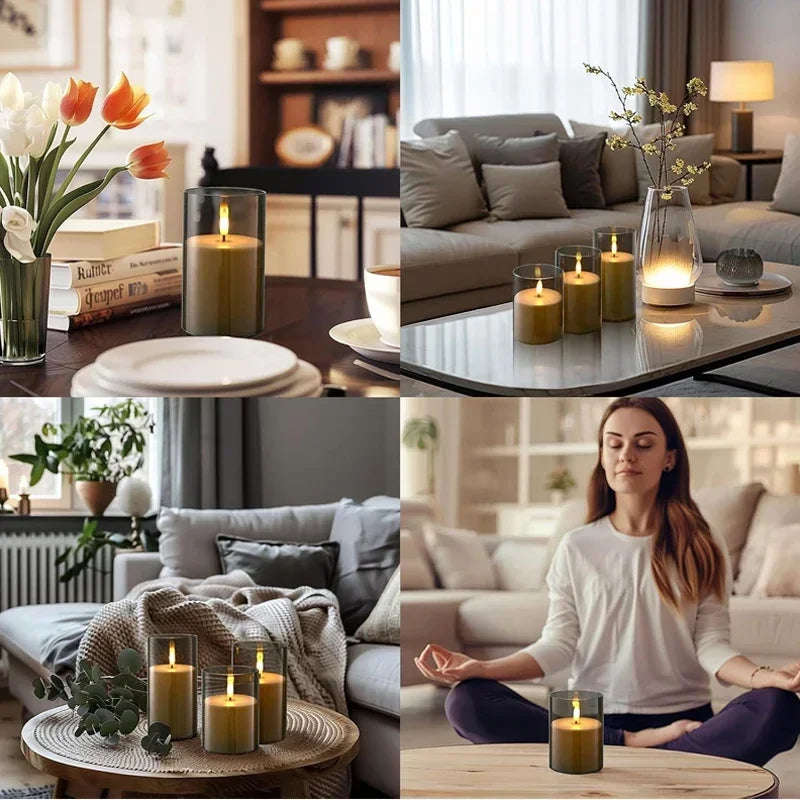 Collage of a cozy living room with candles and decor elements.