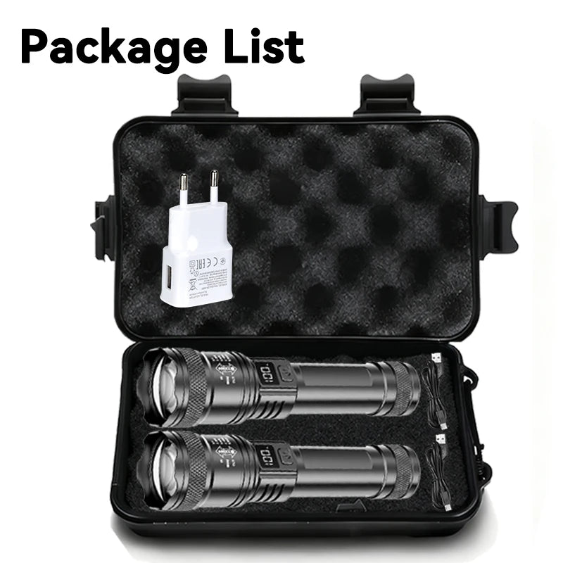 2000LM LED Tactical Flashlight with Power Display – USB Rechargeable Zoomable Camping Torch
